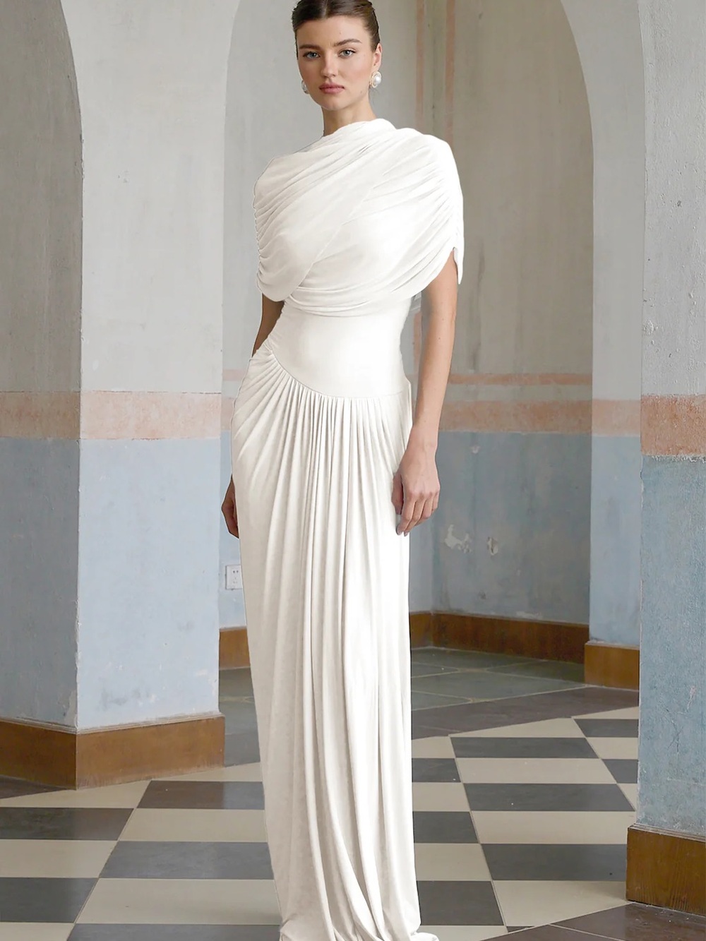 Elegant White Draped Maxi Dress
